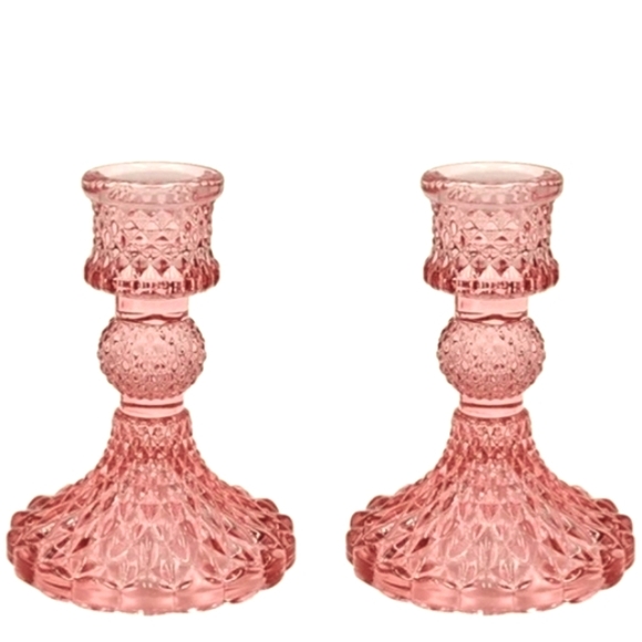 Pair Candy Pink Faceted Glass Candlesticks 2 Crystal Candle Holders Set Vintage - Picture 4 of 10